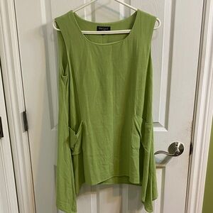 Red Coral Linen Cotton Avocado Green Tunic Shift Boho Dress Pockets Size Small